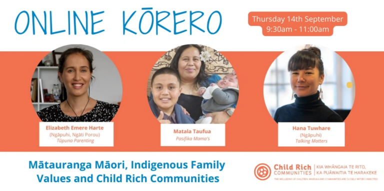 Banner image with 3 headshots of speakers Elizabeth Harte, Matala Taufua and Hana Tuwhare as speakers for an online webinar event