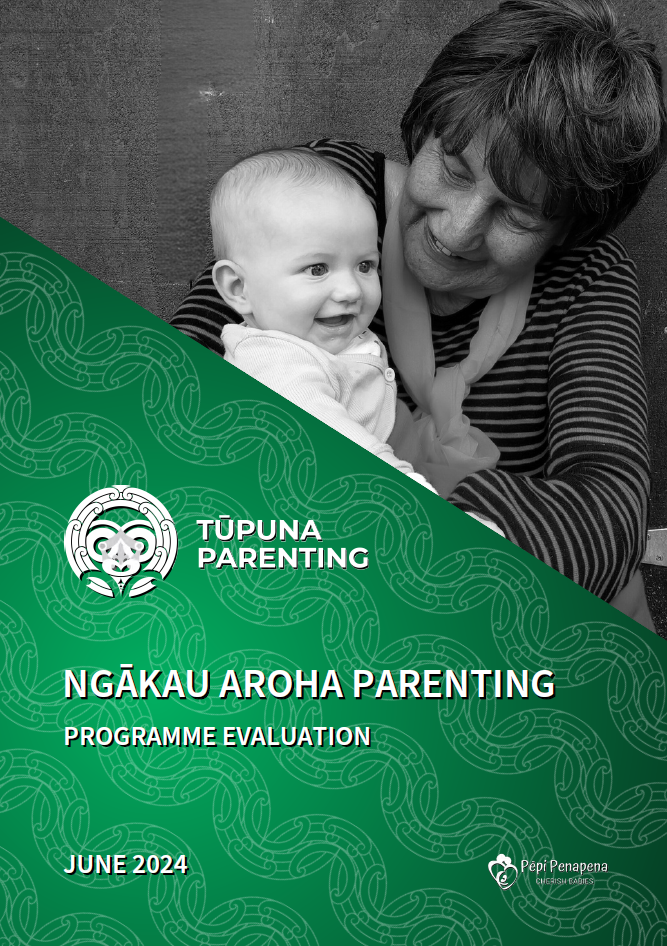Cover art for Ngakau Aroha Parenting evaluation report, including photo of Maori Nanny and her moko